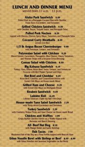 Capt Cook's lunch and dinner menu