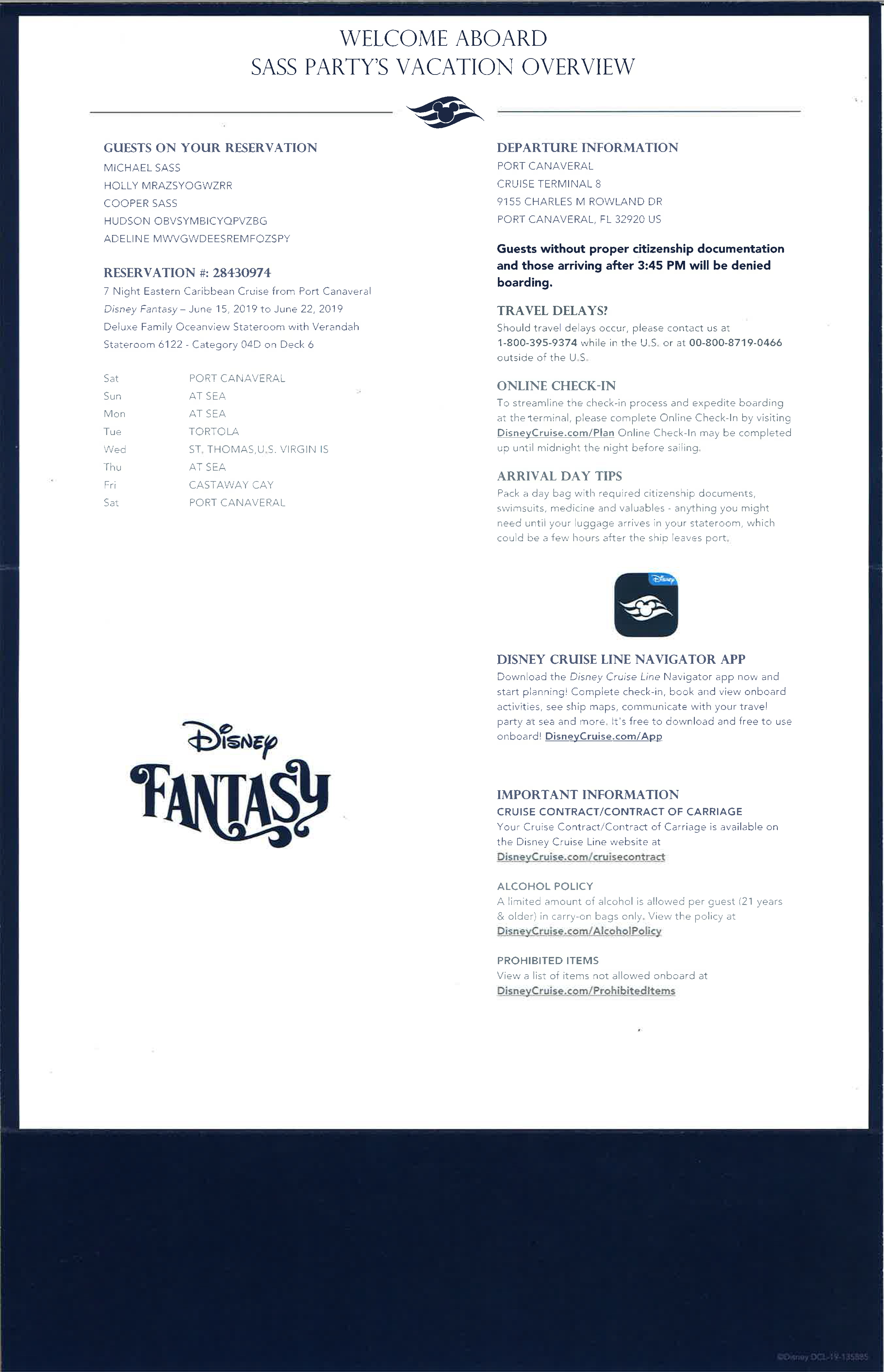 Disney Cruise Pre-Cruise documents