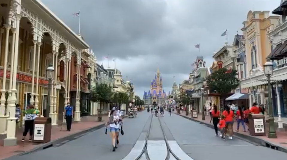 A shot down Main Street, U.S.A. Notice the tropical storm clouds over Cinderella Castle.