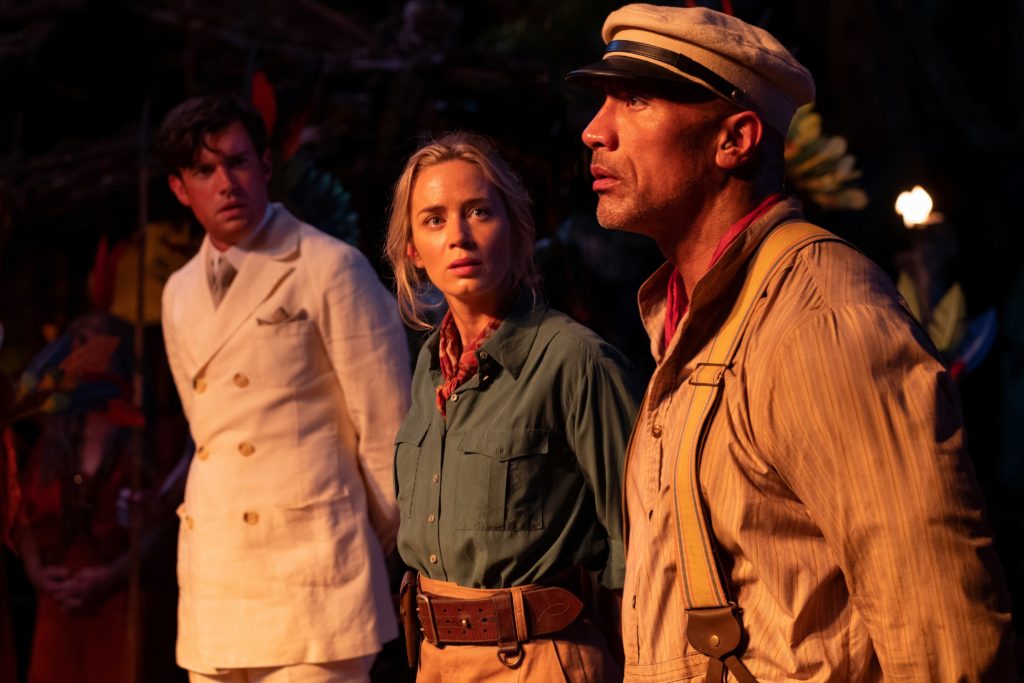 Johnson as Frank Wolff, Blunt as Lily Houghton, and Whitehall as MacGregor Houghton in Disney's Jungle Cruise