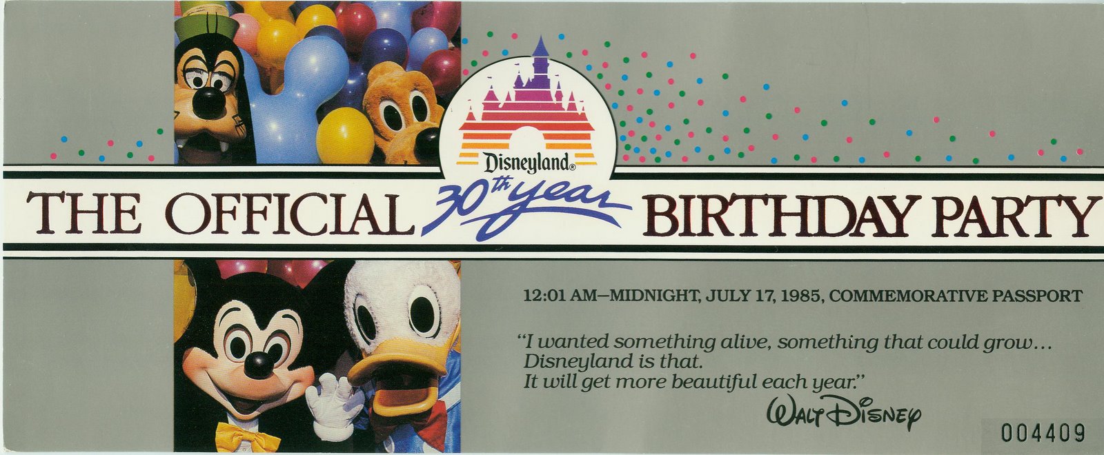 Disneyland 1985 30th anniversary party ticket