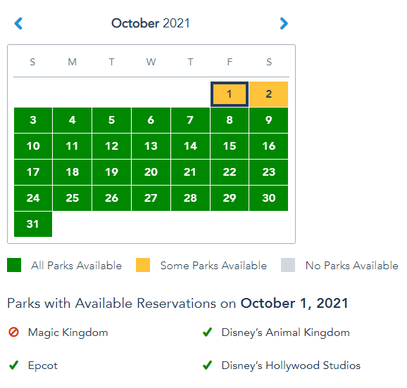 Disney Park Pass reservations Oct 2021 as of Aug 25 2021