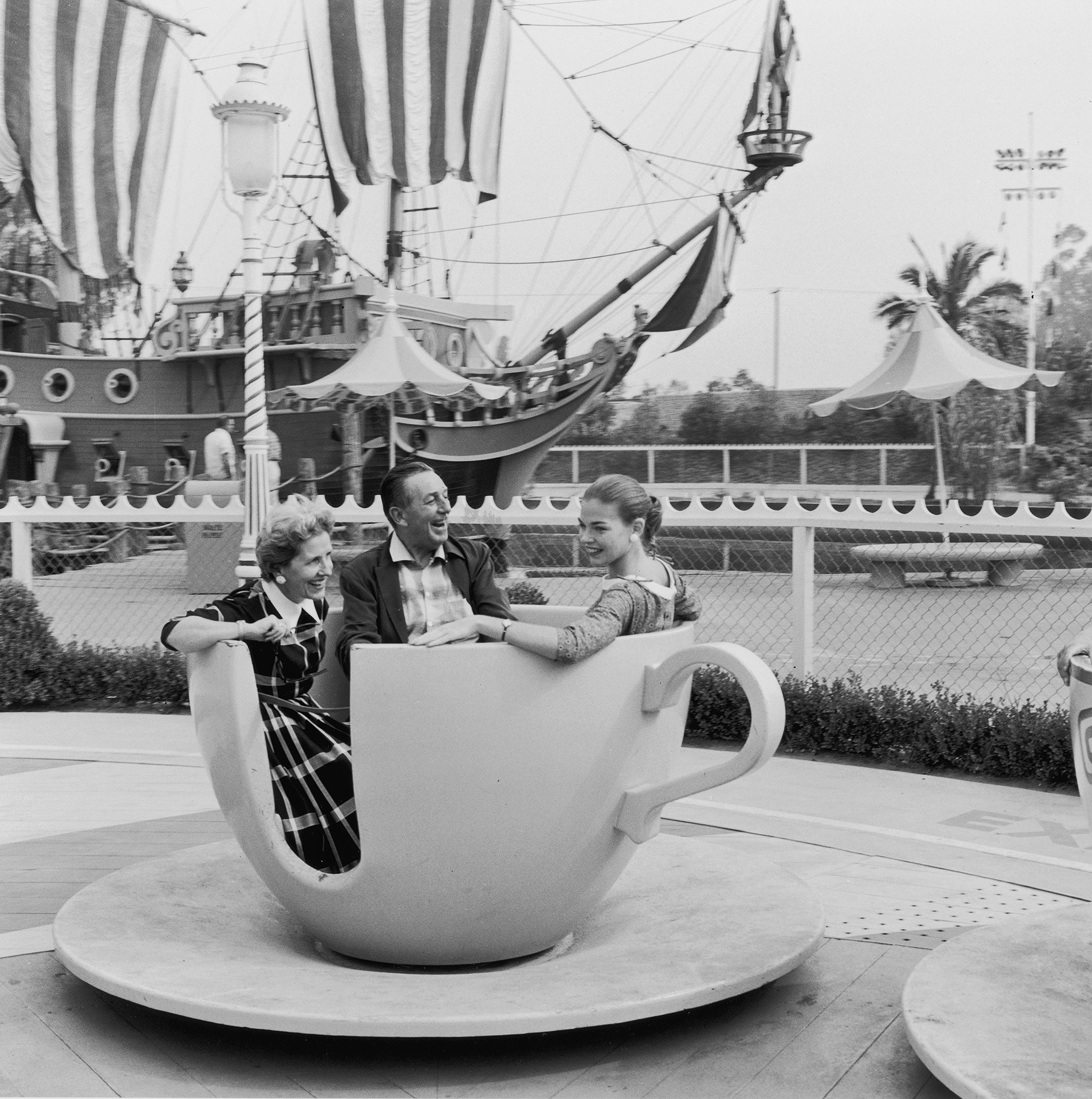 Walt, Lillian and Diane Disney on Disneyland teacups July 17 1955