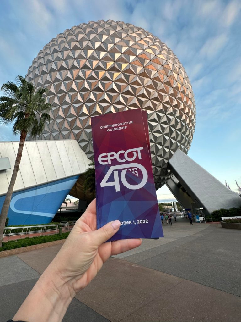 40th anniversary Epcot map in front of geo sphere
