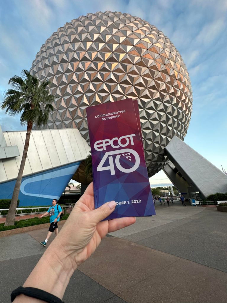 40th anniversary Epcot map in front of geoshphere