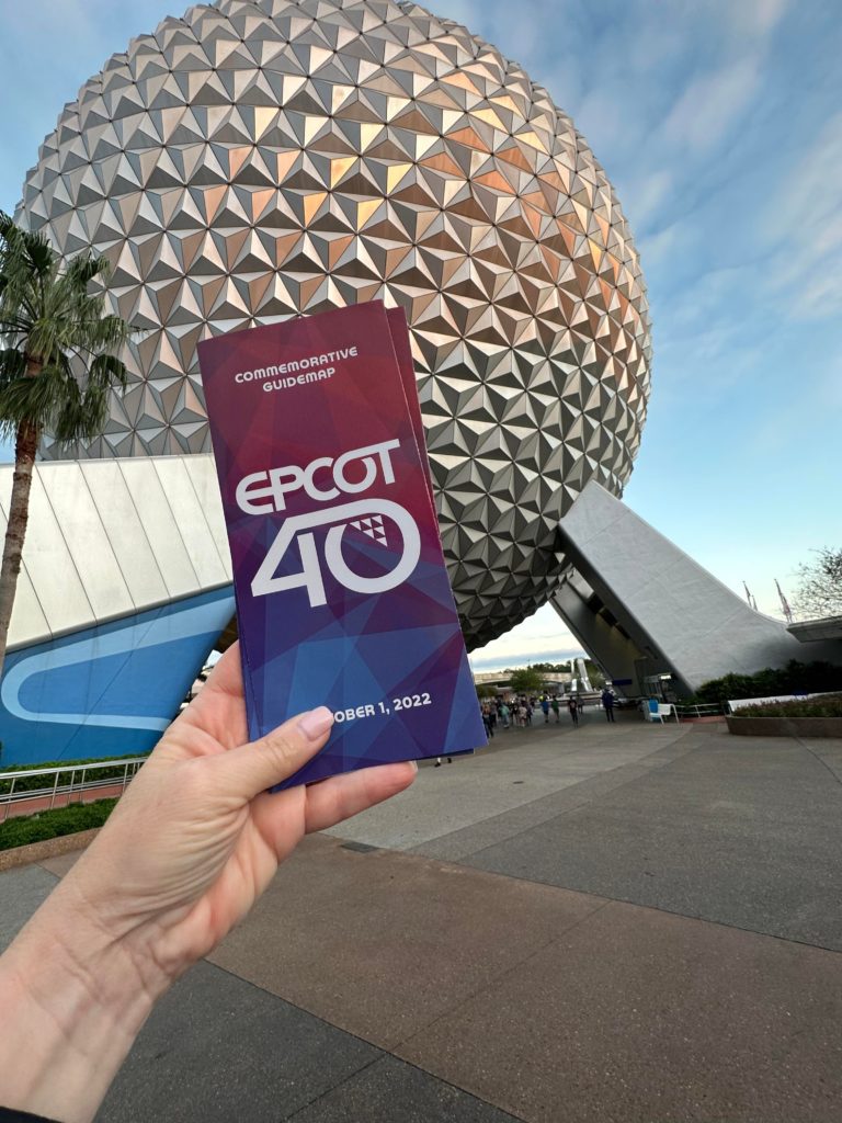 40th anniversary Epcot map in front of geosphere