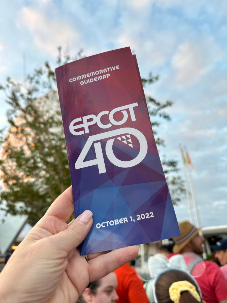 40th anniversary Epcot map in front of geosphere