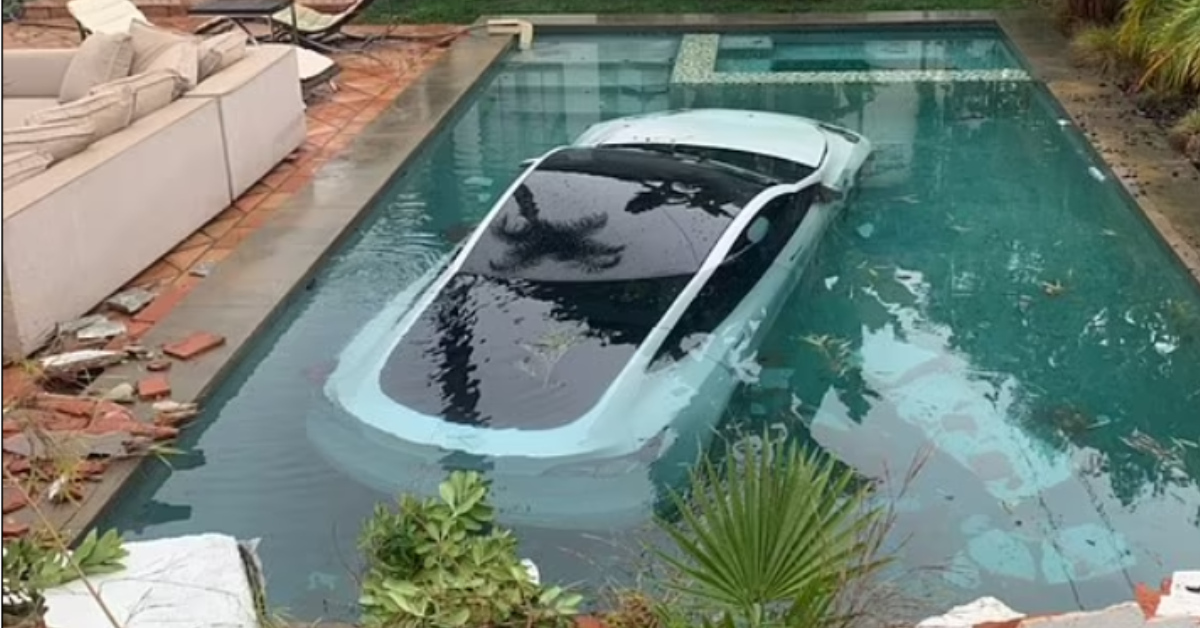Tesla Drives Into Pool