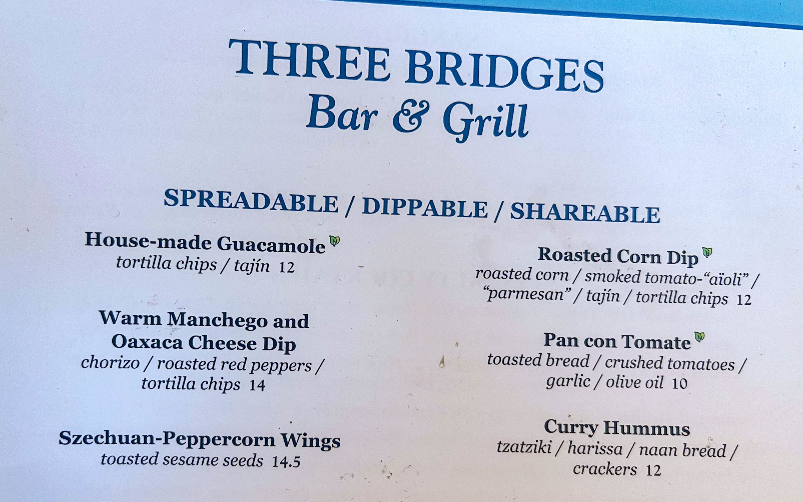 Three Bridges menu