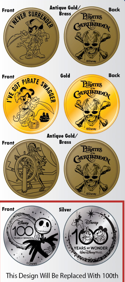 Disney World 100 Anniversary Silver Medallions Magic KingdomEmporium Pirates Adventureland Breezeway-2