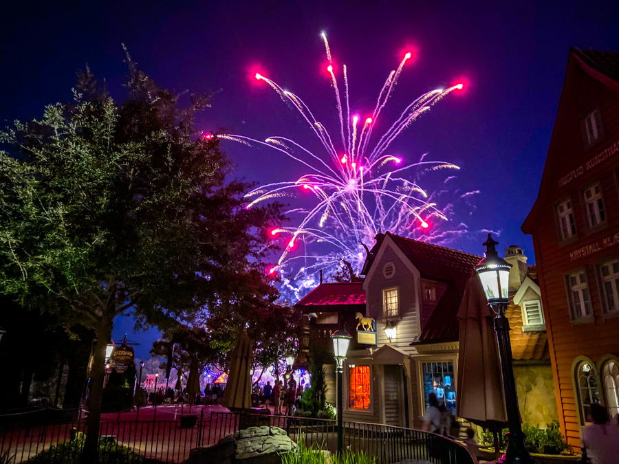 WDW EPCOT World Showcase Norway Pavilion Night Harmonious Fireworks Stock