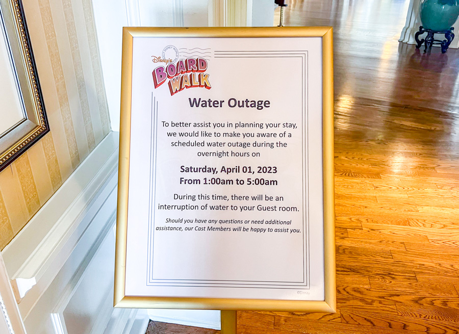 boardwalk inn water outage sign lobby