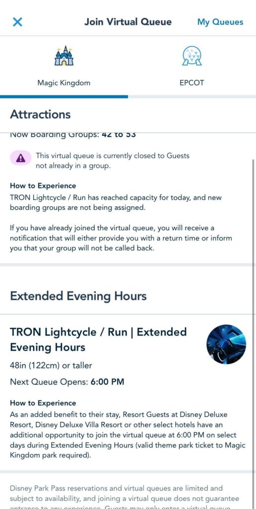 TRON virtual queue extended evening hours screenshot 6PM drop
