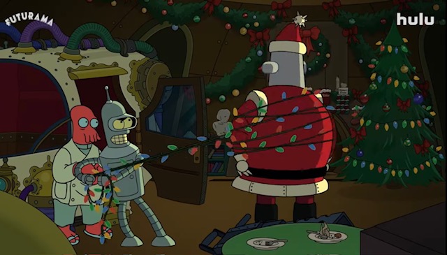 Robot Santa Claus tied up by his own holiday decorations on Futurama