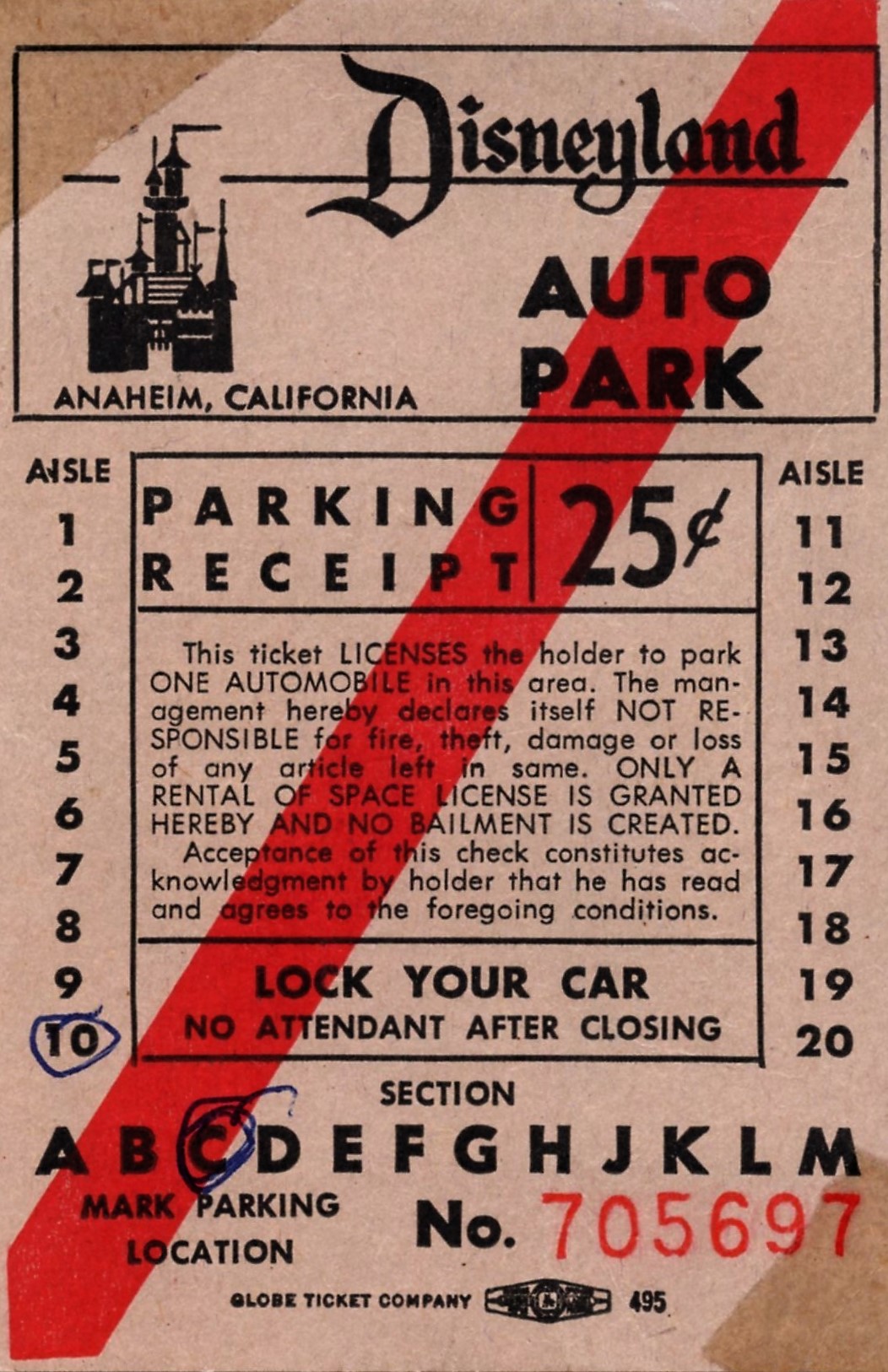 A used parking ticket from Disneyland in 1955