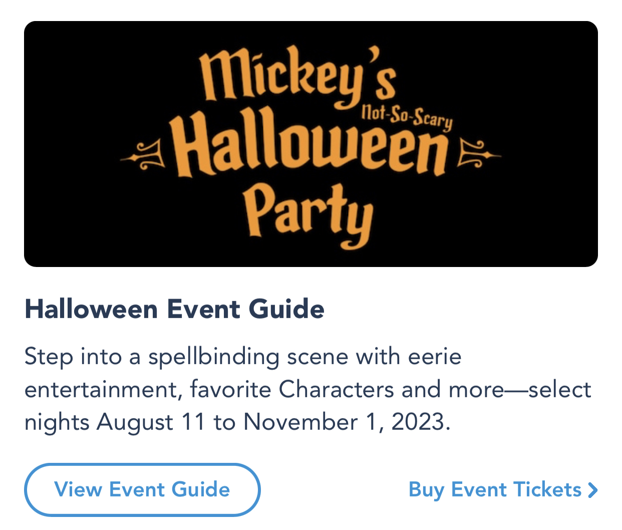 My Disney Experience app Mickey's Not-So-Scary Halloween Party event guide