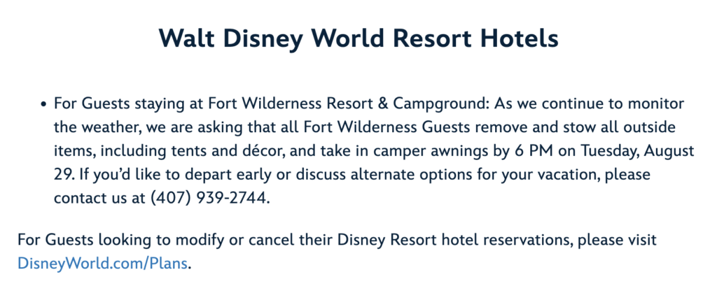 Disney's Fort Wilderness Resort Hurricane Warning