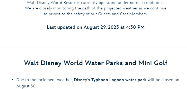 Walt Disney World Announces Closures for Hurricane Idalia