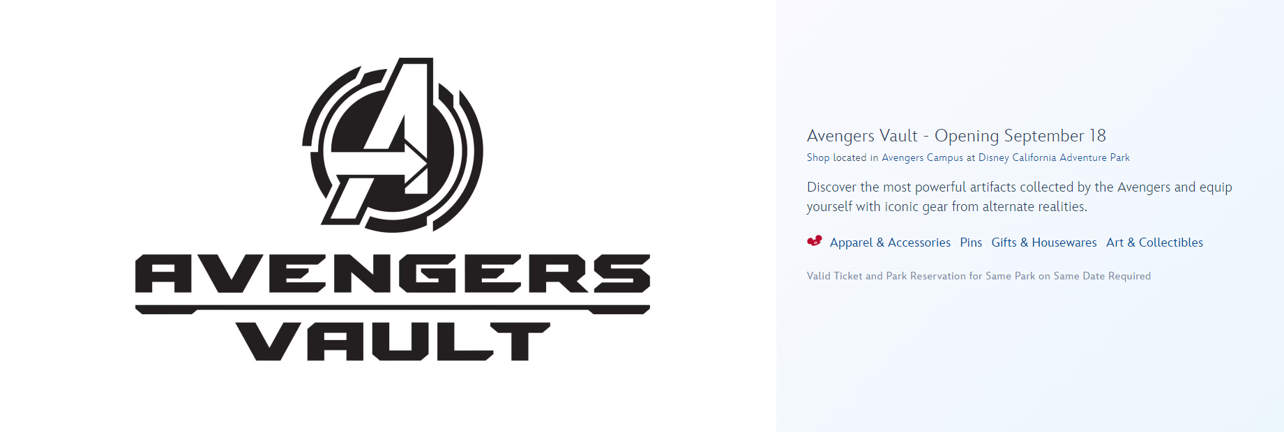 Avengers Vault logo and information--including the store's opening date of September 18th