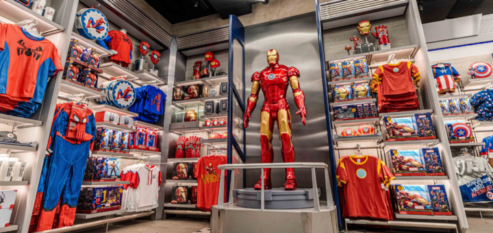 Inside of the Avengers Vault, showing Spider-Man, Iron Man, and Captain American merchandise