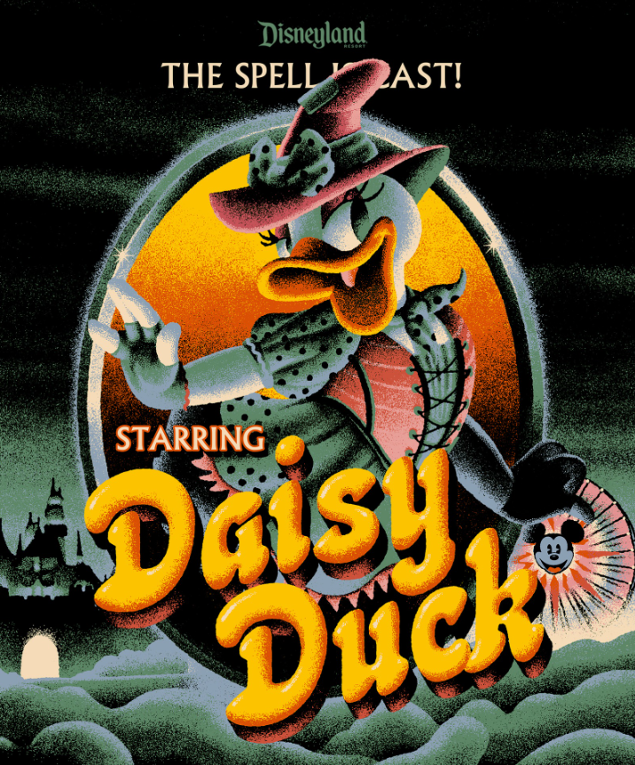 Daisy appears in her polka-dot Halloween costume above Disneyland Resort