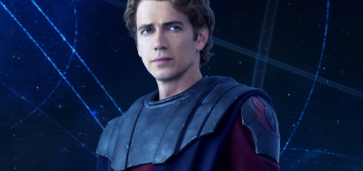 Poster of Anakin Skywalker in his battle gear, holding a blue lightsaber.