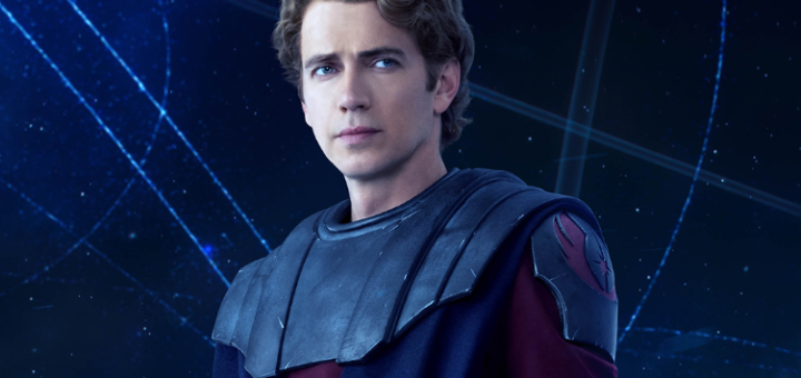 Poster of Anakin Skywalker in his battle gear, holding a blue lightsaber.