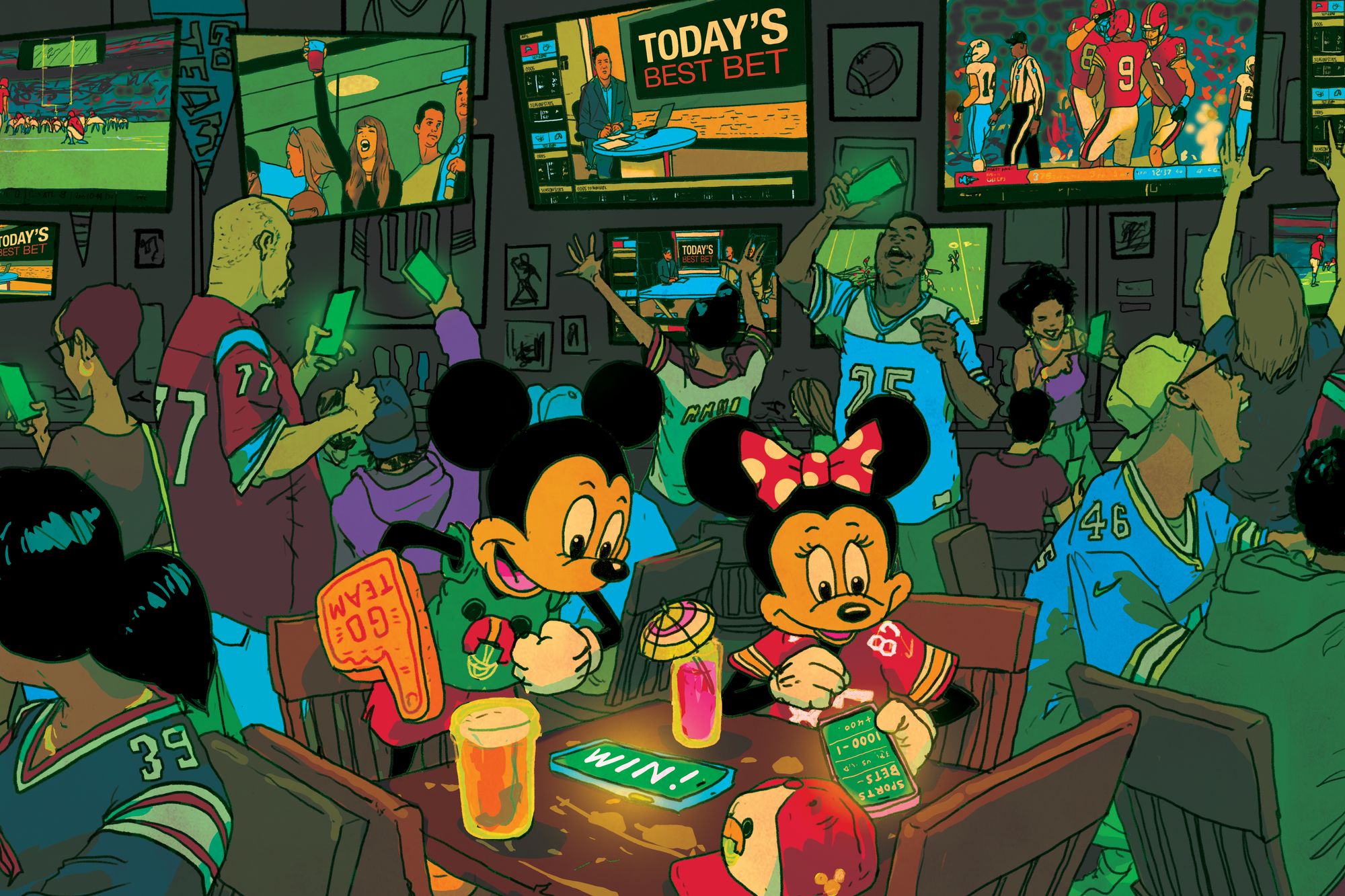 Mickey and Minnie Mouse gamble at a sports bar