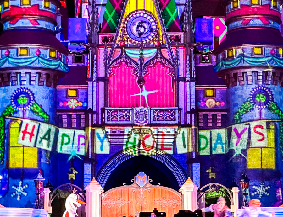 Cinderella Castle Frozen Holiday Surprise Magic Kingdom Night Fireworks Castle Show