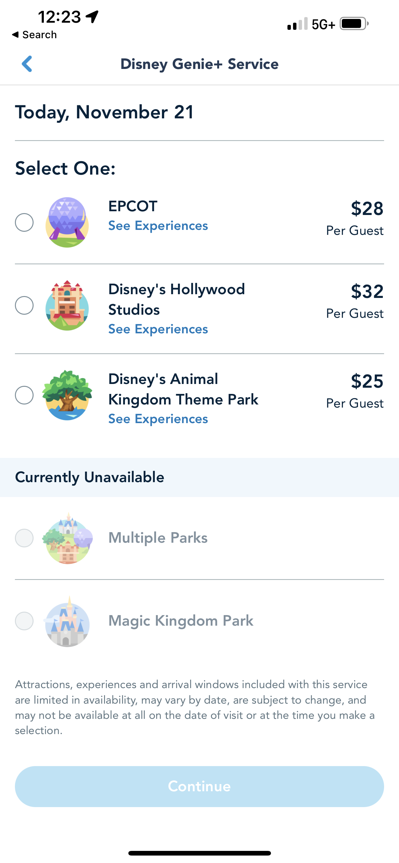 Walt Disney World Disney Genie+ Prices for November 21st, 2023