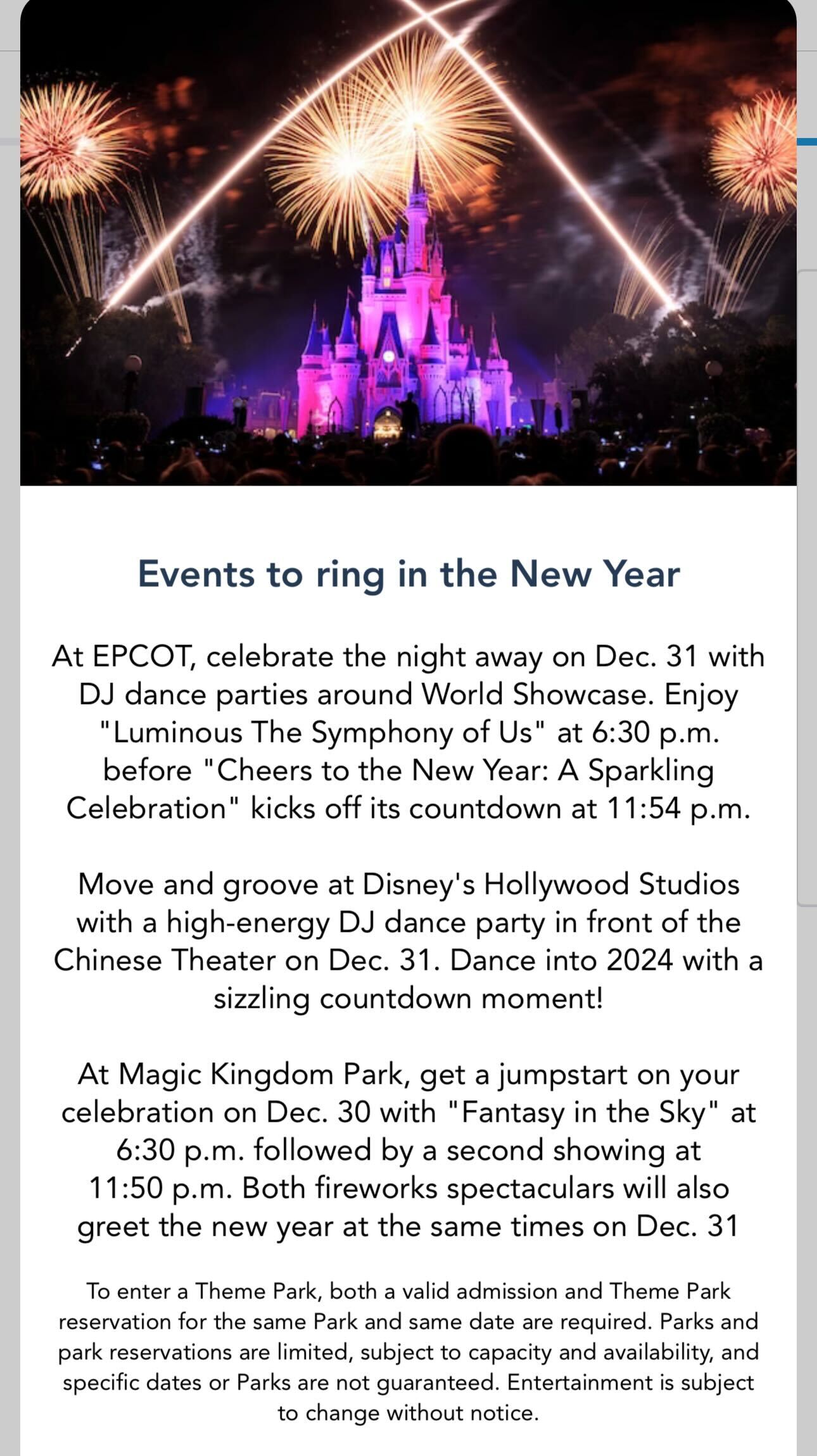 Walt Disney World New Year's Eve schedule