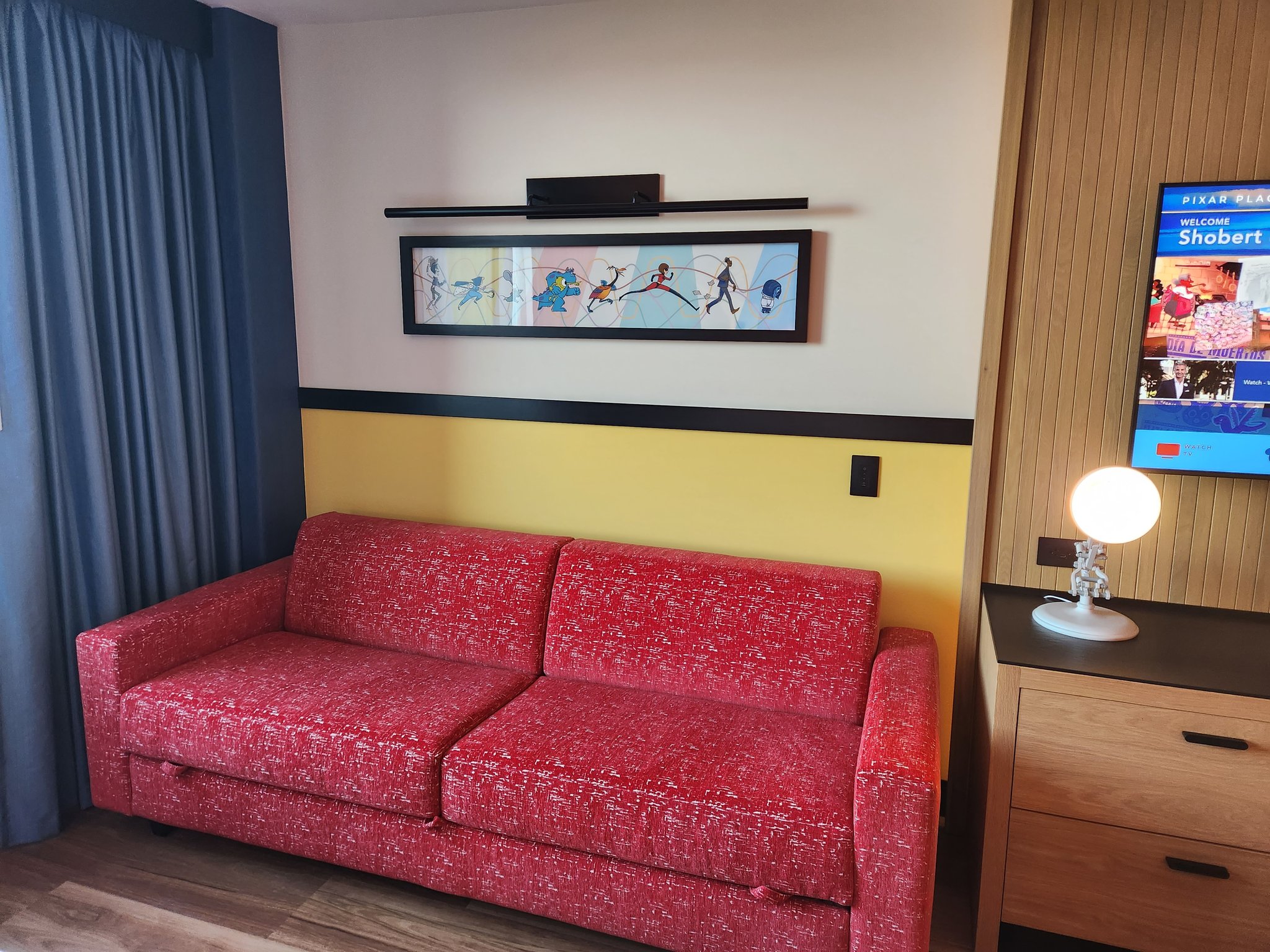 Couch in Pixar Place Hotel room