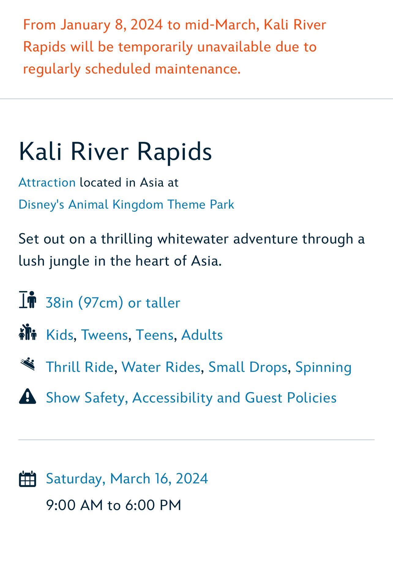Kali River Rapids Update