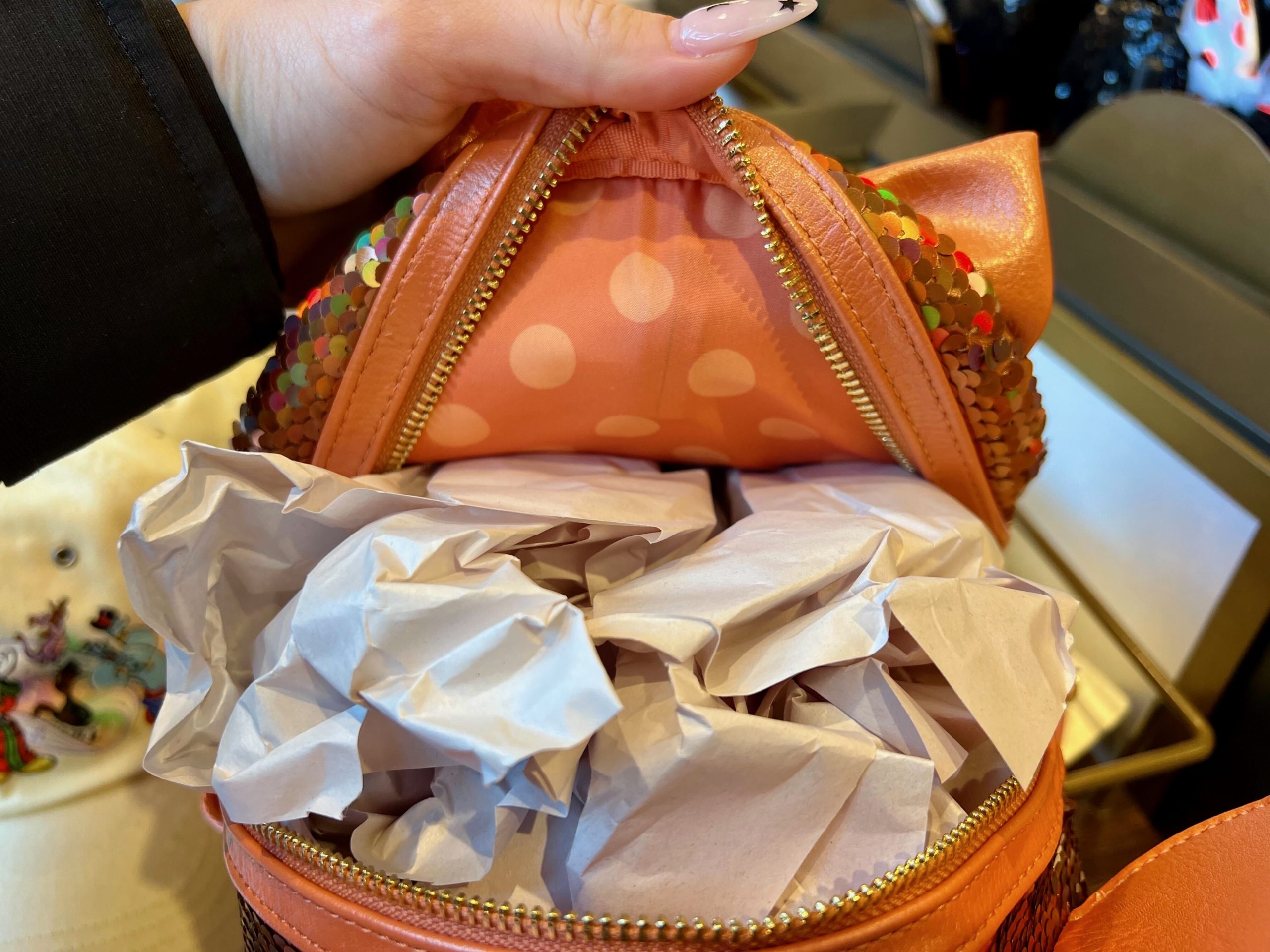 Peach Sequined Loungefly bag interior lining
