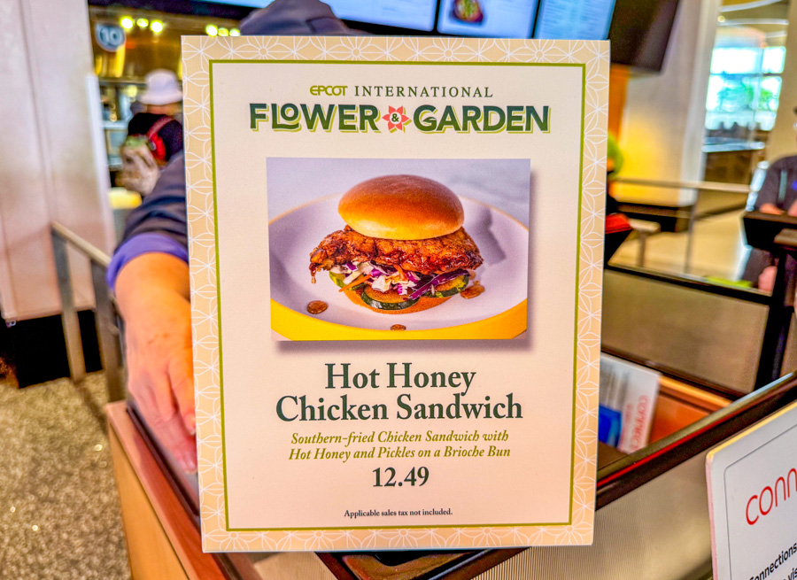 2024 EPCOT International Flower and Garden Festival Blood Orange Hibiscus Margarita Connections Eatery Hot Honey Chicken Sandwich