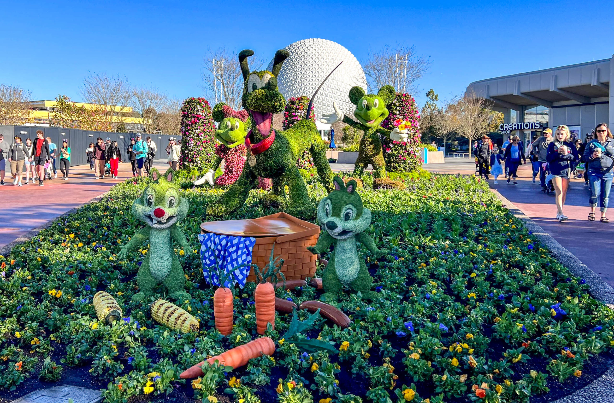 Pluto, Mickey, Minnie, Chip, and Dale topiaries