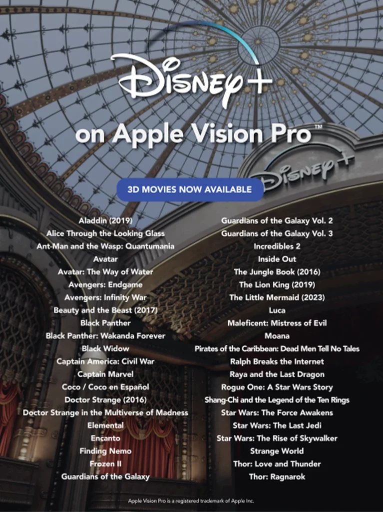 The list of Disney+ launch titles available in 3D on the Apple Vision Pro