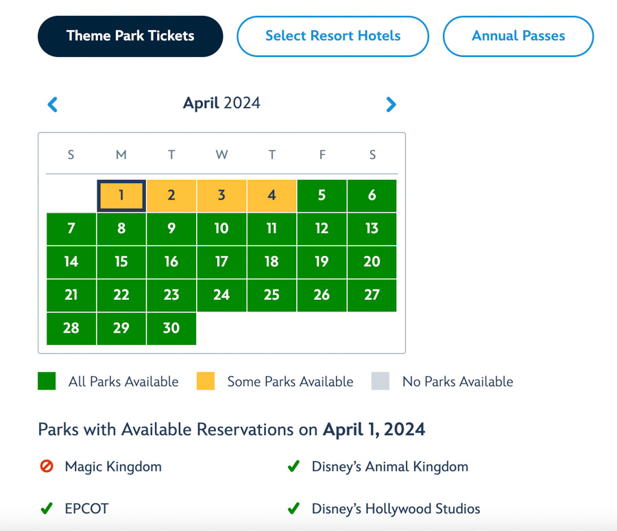 April 2024 Theme Park Reservations Availability Calendar
