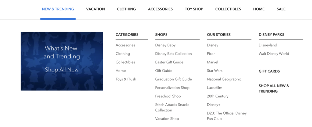 Disney Store Website Homepage New & Trending Menu