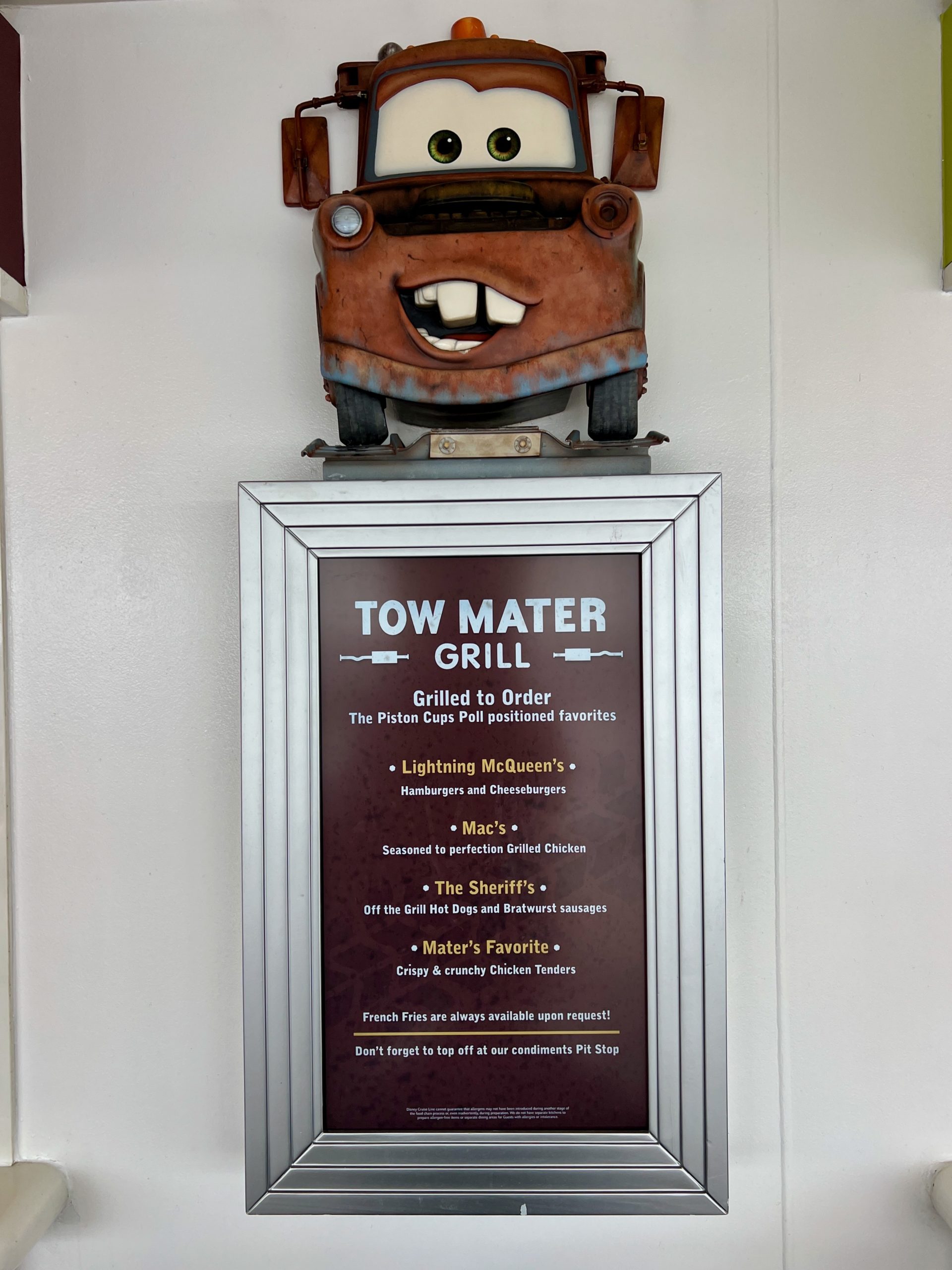Tow Mater Grill Menu on Disney Fantasy