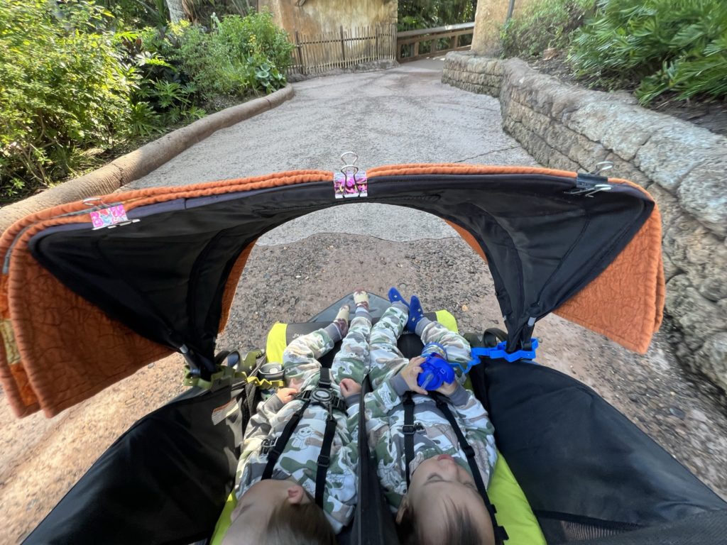stroller with blanked draped with binder clips for nap at animal kingdom disney