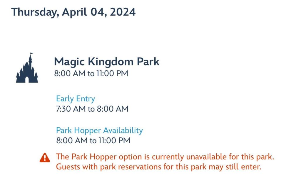 Park Hopping Unavailable Magic Kingdom Spring Break 2024