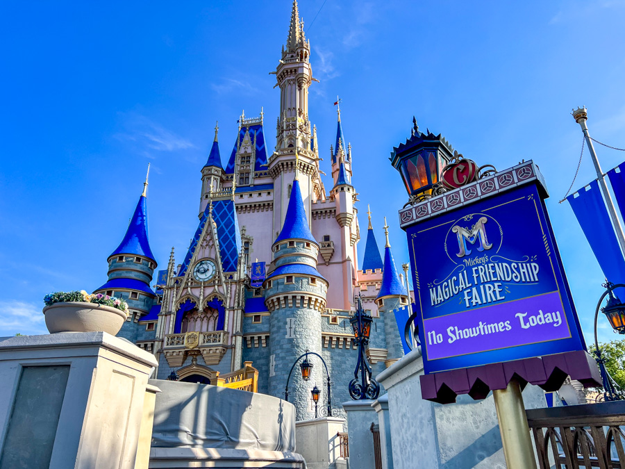 Cinderella Castle Stage Shows Paused Closed Canceled Mickey's Magical Friendship Faire Let the Magic Begin