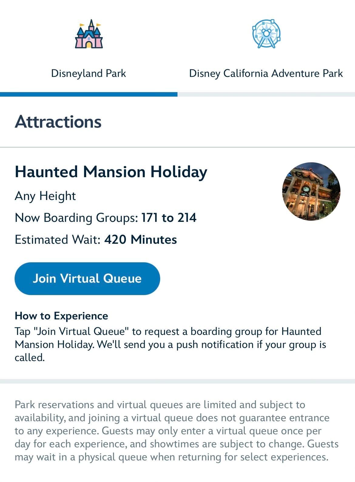 Virtual Queue for Haunted Mansion Holiday
